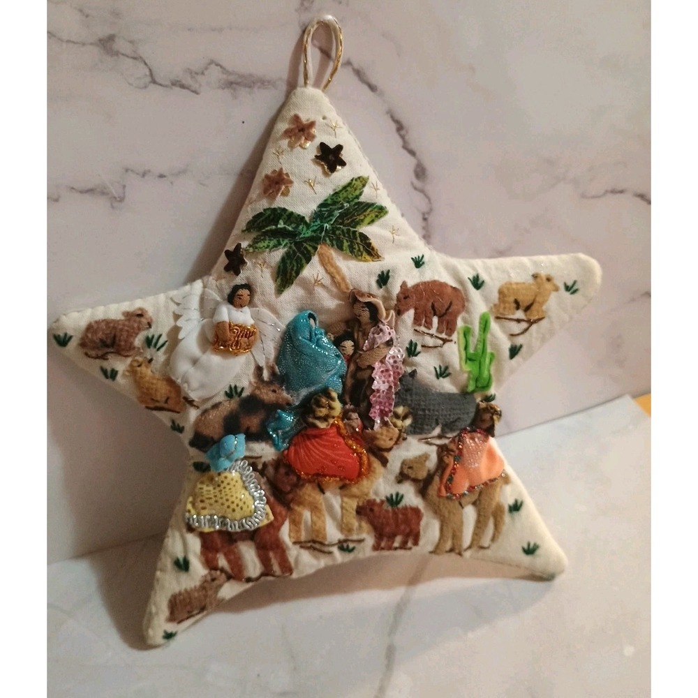 Vintage Fabric Nativity Scene Star Tree Topper Metallic Vibrant Color Ornaments
